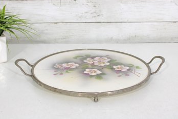 Vintage Frosted Glass Floral Serving Tray W/ Metal Handles  12.5' Round Cherry Blossom Design