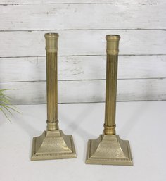 Pair 1970s Silver Plate Candlesticks   Classic Column Form  11' H