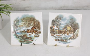 Vintage Currier & Ives The Homestead In Winter Ceramic Tile Trivets  Set Of 2  6 X 6