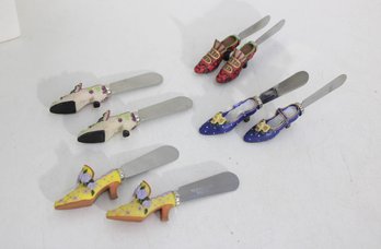Set Of 5 Vintage Shoe Shaped Butter Spreaders / Cheese Knives  Hand Painted Miniature Shoe Utensils