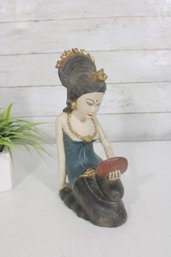 Hand Carved Balinese Female Figure Sculpture With Mirror  Polychrome Wood  11' H