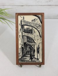 Vintage Framed Ceramic Art Tile  Jerusalem Old City Via Dolorosa  Black & White  6.5 X 3.5