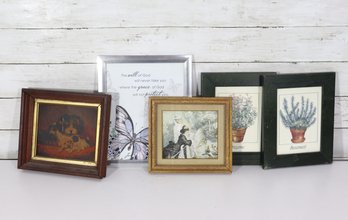 Vintage Framed Art Lot Of 6 Prints Cottage Botanical Butterfly Dog Decor