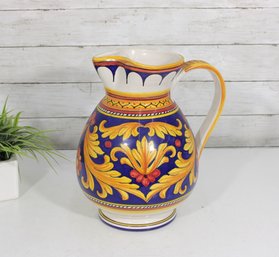 Deruta Italy Hand Painted Majolica Pitcher  Bold Blue & Yellow Floral  12' H