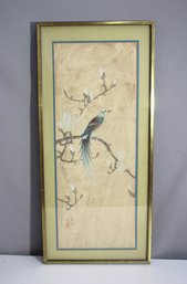 Framed Asian Watercolor Painting  Bird & Magnolia Blossoms, 35H X 16W