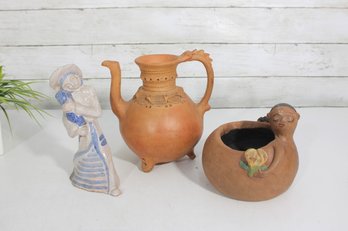 Vintage Pottery & Figurine Group Lot  Terracotta Pitcher, Folk Art Planter & Lady Figurine