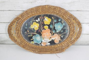 Vintage Handmade Seashell Flower Art Under Glass  Pinecone Wicker Basket Tray 20' X 13' Coastal Decor