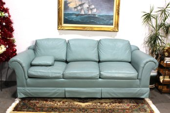 Baker Furniture Classic Leather Sofa In Soft Blue