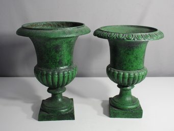 Garden Urns 14.5' Pair Cast Iron Planter French Neoclassic Style Painted Green Urn Patio Decor