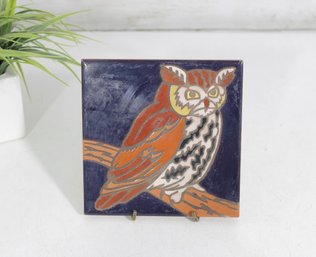 Hand-Painted Ceramic Tile  Stylized Owl Art  Folk Art Pottery  6 X 6
