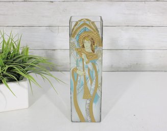 Joan Baker Designs Hand Painted Stained Glass Angel Vase  10' Square Art Glass Decor