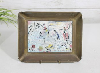 Vintage Framed Ceramic Art Tile  Abstract Equestrian Scene  Mid-Century Style  6.25 X 8