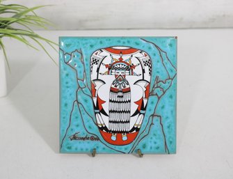 Cleo Teissedre Hand-Painted Ceramic Tile  Hopi Indian Kachina Design  Signed  6 X 6