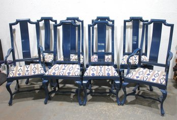 Set Of 6 Vintage Blue High-Back Dining Chairs With Ikat Upholstery