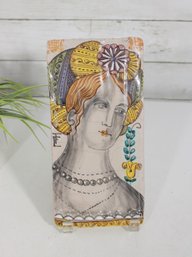 Italian Renaissance Style Hand-Painted Ceramic Plaque  Portrait Tile  9.5 X 4.5