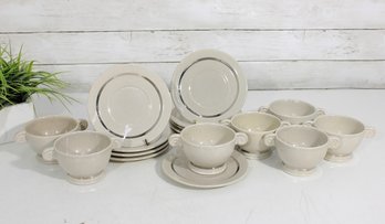 Vintage French Porcelain Tea Set  Cups, Saucers & Plates  Silver Trim  Partial Set