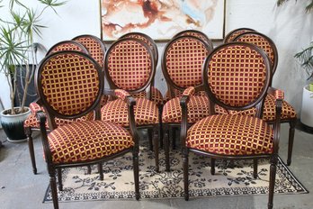 Set Of 10 Classic Regency-Style Dining Chairs With Red And Gold Checker Upholstery