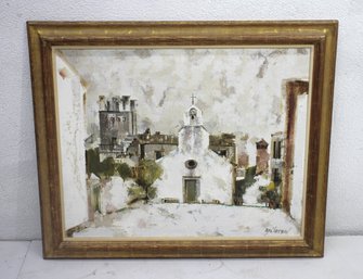 Large 33 X 39 Signed Vintage Oil Painting  European Village Scene