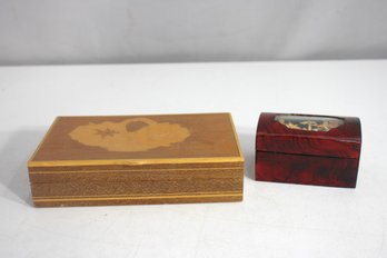 Lot Of 2 Vintage Wooden Trinket Boxes  Marquetry & Lacquered Design