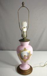 Vintage Pink Porcelain Table Lamp With Child Portrait And Wooden Base