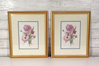 Framed Floral Botanical Prints Pair Gold Frames Wall Art 16.5 X 13.5