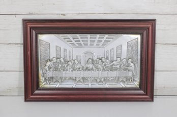 Framed Last Supper Relief Wall Art  Silver Tone Panel In Wood Frame  9.5 X 15