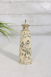 Vintage Hand-Carved Scrimshaw Style Bottle W/ Stopper  Figural Scene  6.5