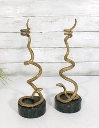 Michael Aram Rainforest Snake Candleholders  Pair  Brass & Stone Base  13' H