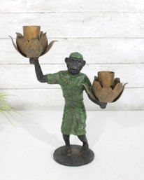 Vintage Monkey Figural Double Candleholder  Painted Metal  Lotus Form Cups  12' H