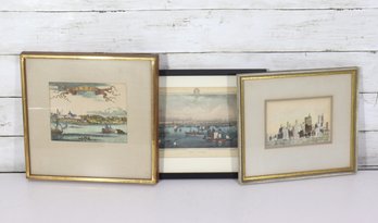 Vintage Framed City & Harbor Scene Prints Lot Of 3 Wall Art