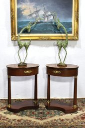 Pair Of Elegant Mahogany Demilune Side Tables With Brass Accents