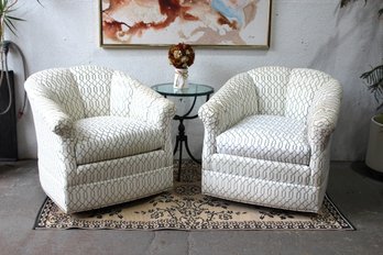 Pair Of Sherrill Furniture Swivel And Rock Accent Chairs With Geometric Upholstery
