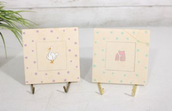 Vintage Hand-Painted Ceramic Tile Trivet / Plaque  Goose & House Motif  4.25'  Signed  Crack