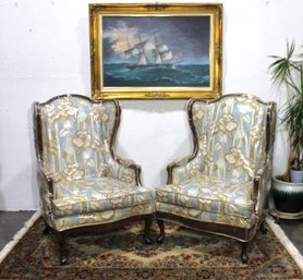 Pair Of Ethan Allen Wingback Chairs With Floral Upholstery
