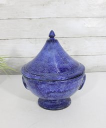 Blue Glazed Art Pottery Covered Urn / Tureen  Footed Bowl With Lid  10 H X 7.5 Dia