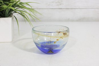 Kerry Glass Art Bowl  Handcrafted Blue Art Glass Dish  3' Height  Signed Label