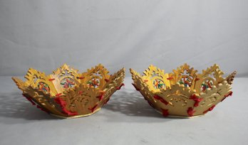 Pair Of Italian Sorrento Ware Olive Wood Bowl Hand Crafted Ornate Fretwork 8 Sided
