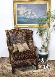 Genuine Cowhide Leopard-Print Upholstered Wingback Chair With Nailhead Trim