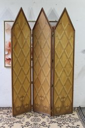 Dual-Sided Three-Panel Decorative Screen With Wood Inlay And Painted Sky