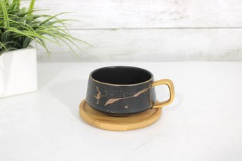 Jusalpha 10 Oz Black & Gold Tea Cup And Saucer Set  Golden Hand Painted Design