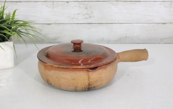 Vintage French Earthenware Covered Saucepan 8'Round  Made In France  Rustic Pottery - Crack Noted