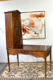 French Provincial Desk With Ornate Carvings And Side Cabinet