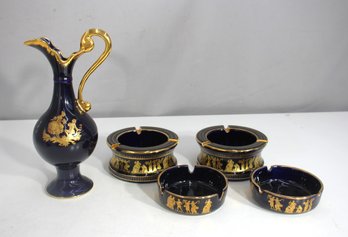 Vintage Cobalt Blue & Gold Greek Key Porcelain Set  Pitcher & Ashtrays