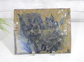 Vintage Studio Art Pottery Tile  Blue Floral Design On Ochre Glaze  8 X 10'