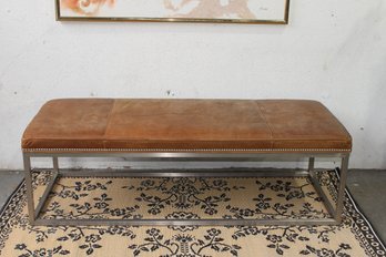 Contemporary Metal Box Frame Leather Bench With Nailhead Trim