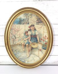 Oval Framed Victorian-Style Print  Children In Garden Scene  19' X 15'