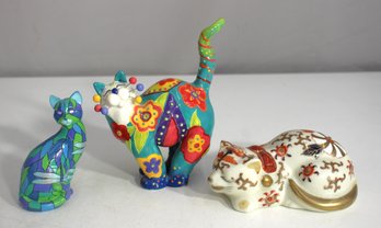 Lot Of 3 Collectible Cat Figurines  Lacombe, Tiffany-Style, & Japanese Porcelain