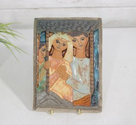 Signed Ruth Faktor Studio Ceramic Family Plaque  Handcrafted Art Tile  6 X 5.5'