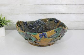 Large Signed Studio Art Pottery Bowl W/ Grapevine Relief  15' Wide  Hand Thrown  6' Tall