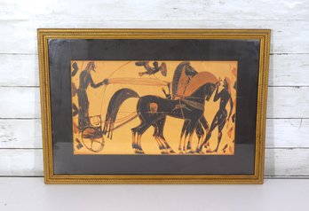 Framed Classical Greek-Style Scene  Chariot & Horsemen Motif  16.5' X 23.5'